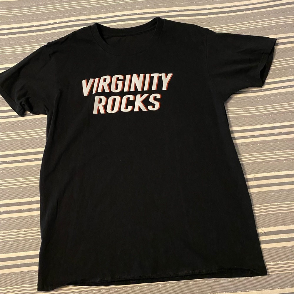 Generic Virginity Rocks shirt.